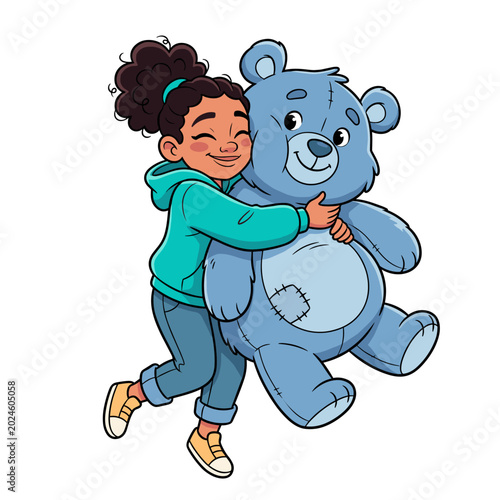 Young girl happily hugging a blue teddy bear