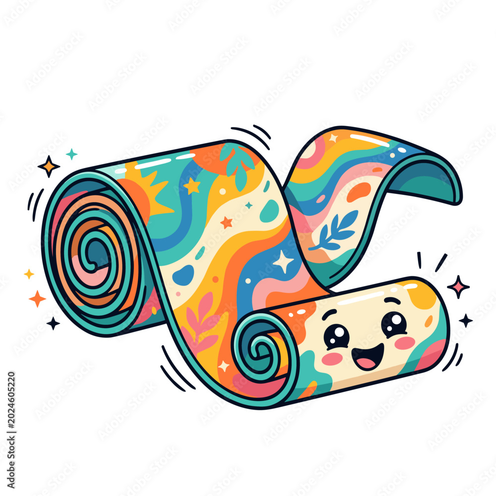 Fototapeta premium Cute cartoon yoga mat with happy face and colorful pattern