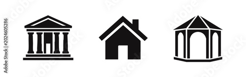 Foto Architecture icons set including classical temple house and park gazebo silhouet
