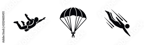 Skydiving, Parachuting and Freefall Extreme Sports Silhouette Icon Set