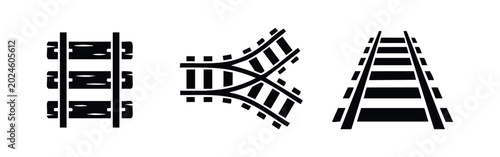 Bild auf Leinwand Railroad Tracks, Rail Junction and Perspective Rails Silhouette Icon Set