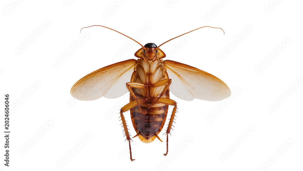 Αυτοκόλλητο Isolated large brown American cockroach with wings spread, detailed ventral view