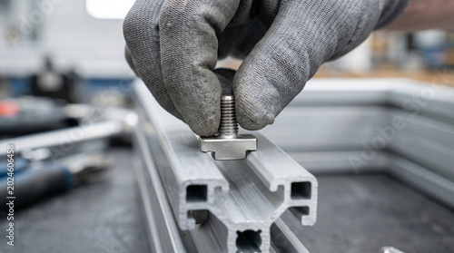 Gloved Hand Inserting T-Bolt into Solar Panel Mounting Rail