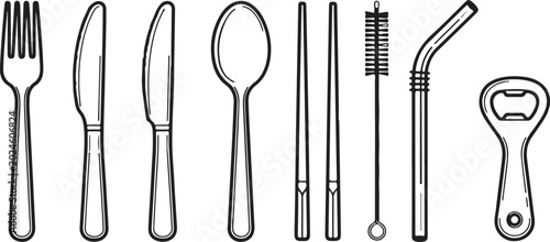 Schilderij op canvas Set of black utensils including spoon fork knife spatula whisk and tongs Vector