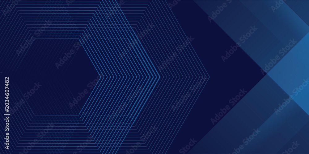 Obraz premium Abstract dark blue background with thin concentric hexagon lines and overlapping diagonal geometric shapes. Modern futuristic corporate design with sleek professional tech patterns.