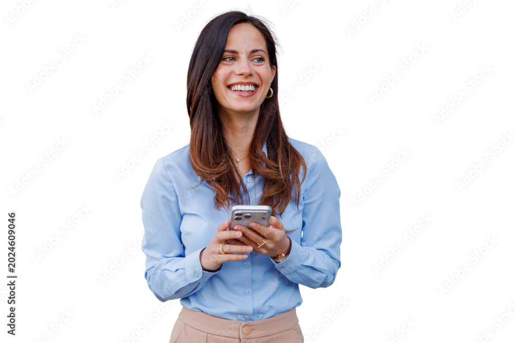 Fototapeta premium Smiling woman using smartphone, sending text messages, browsing internet, communicating digitally, on transparent background