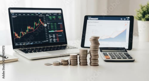 Bright home office desk featuring a laptop, digital tablet, calculator, and stacked coins representing a secure retirement fund strategy, financial, security, table