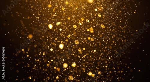 Shimmering golden dust and glowing gold glitter particles float against a dark warm background, creating a festive bokeh effect and overlay, yellow, gold, luxury