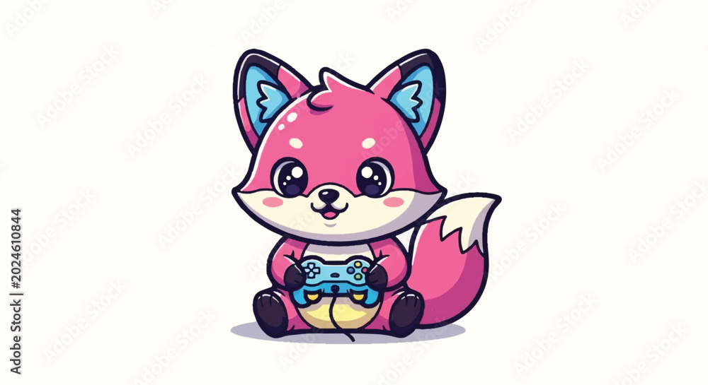 Fototapeta premium Cute Pink Fox Character Playing Video Games.