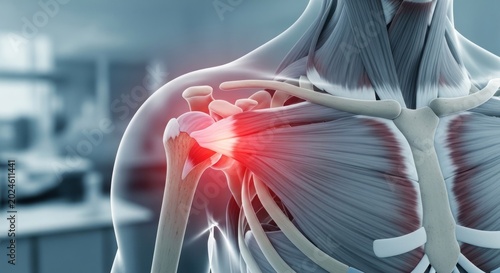 Anatomical illustration of human shoulder joint with highlighted pain and inflammation.