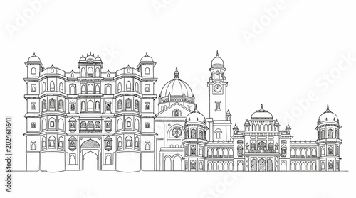 Artistic Indore City Skyline Illustration Featuring Famous Indian Architectural Landmarks and Historic Monuments in Modern Vector Style with Minimalist Urban Design for Travel Promotion.