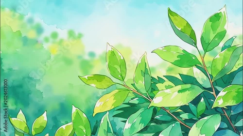 新緑の枝葉がゆっくり揺れる水彩風アニメ背景 自然 癒し イラスト素材