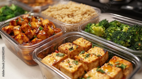 Healthy meal prep containers filled with quinoa, glazed tofu, and steamed broccoli for balanced nutrition.