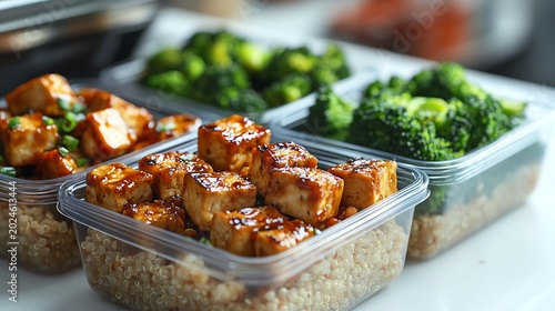 Healthy meal prep containers filled with quinoa, glazed tofu, and steamed broccoli for balanced nutrition.