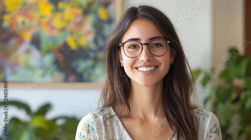 A smiling woman with glasses. She has brown hair and a white floral shirt. A painting is on the wall behind her.