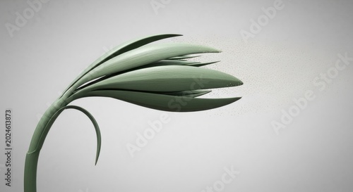 Abstract Green Plant Releasing Particles on Grey Background