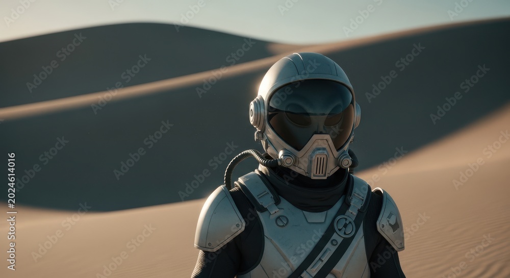 Fototapeta premium Futuristic Astronaut Exploring Desert Planet Landscape