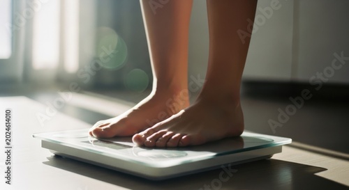 Person standing on a digital scale to measure body weight.