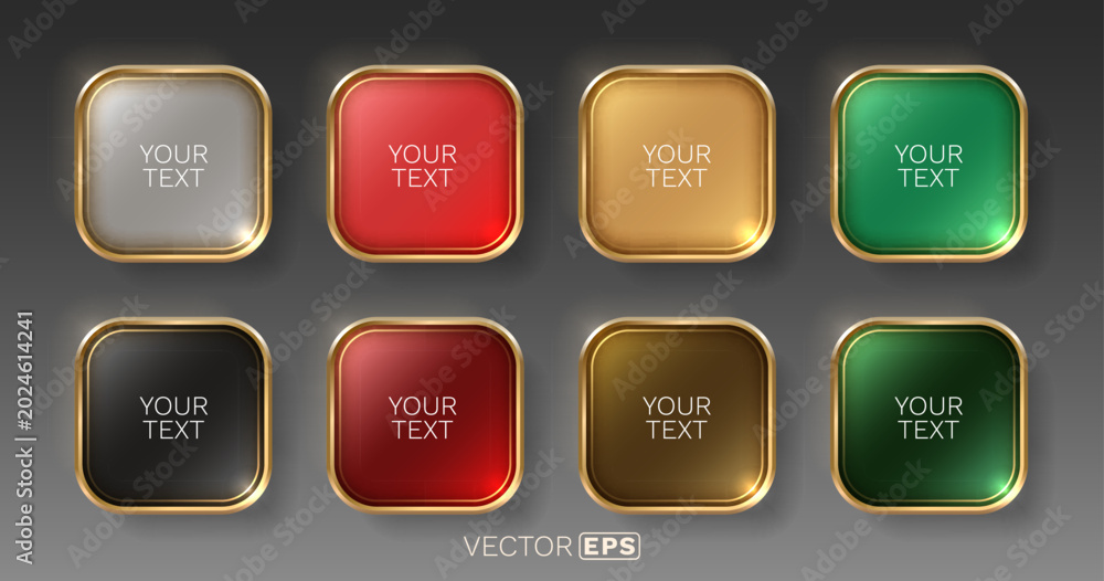 Fototapeta premium Set of elegant glossy buttons with golden metallic frames. Featuring various colors for modern UI design.