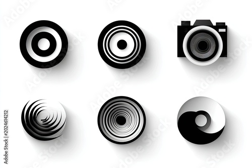 Set of six black and white circular abstract icons.