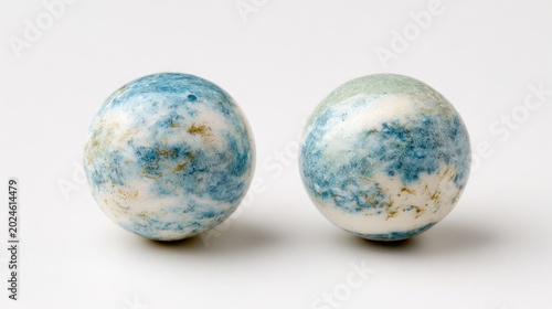 Two marbleized pastel spheres with blue, white, and gold variegation resting on a clean white surface