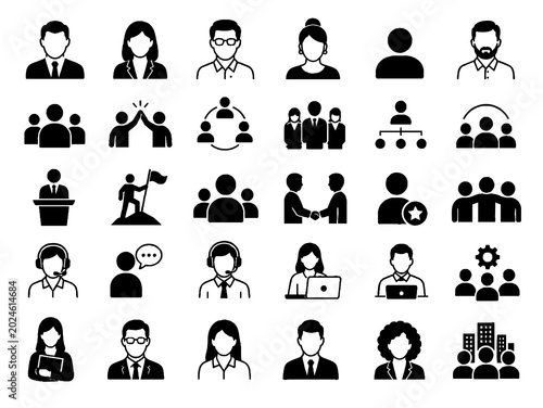 Professional Office Workers and Business People Black Glyph Icon Set Vector Illustration