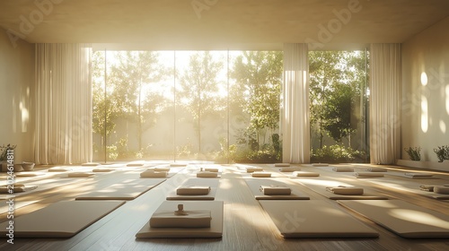 A serene yoga studio bathed in sunlight, featuring mats and cushions for a peaceful practice.