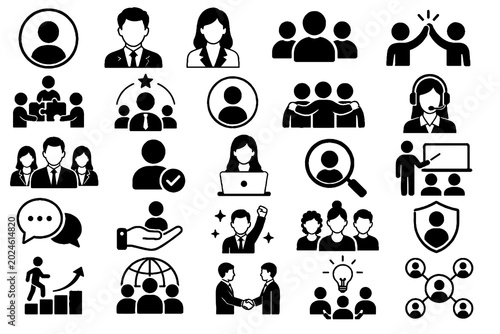 Business Teamwork and Corporate Communication Black Glyph Icon Set Vector Illustration