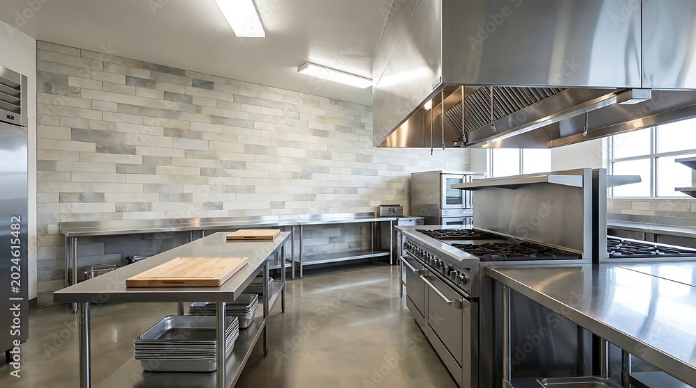 Fototapeta premium Professional commercial kitchen interior with stainless steel appliances and brick wall
