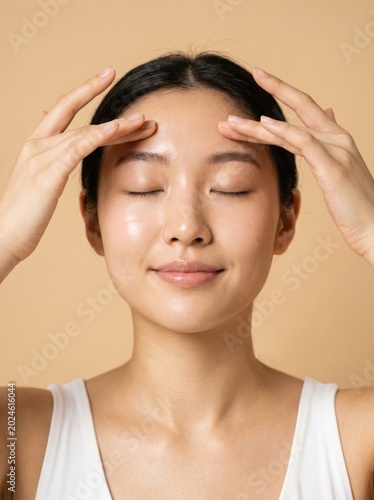 Young asian woman massaging her face for skincare routine
