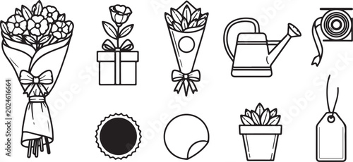 Vector icons set of flowers plants and gardening tools black and white Vector