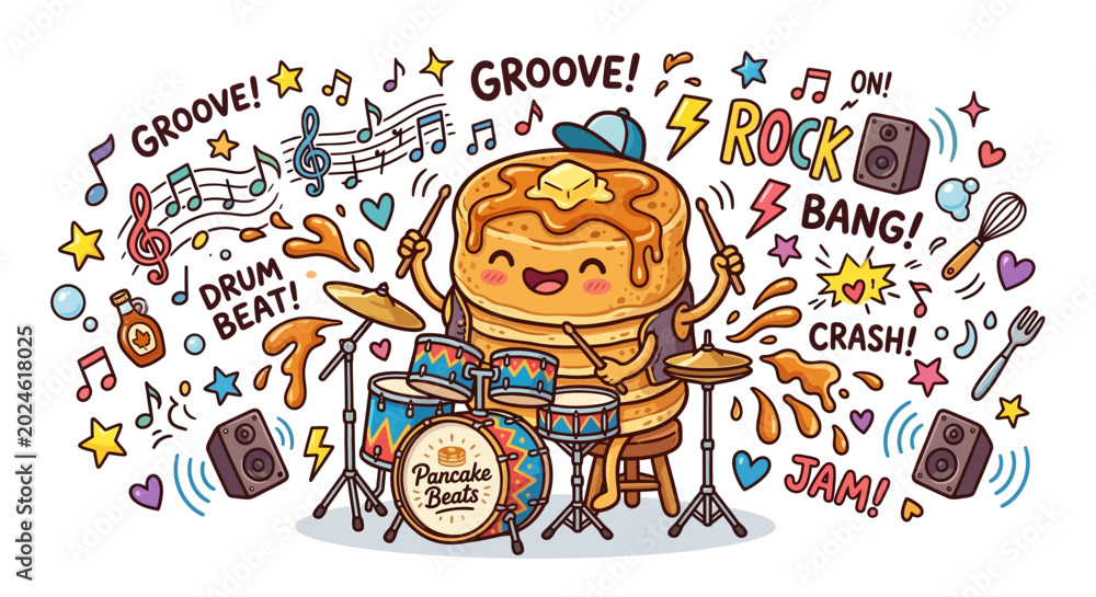Fototapeta premium Funny Pancake Drummer Character with Music Doodles Vector