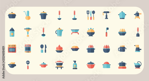 Photos Cooking utensils and pots flat icon set
