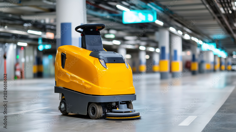 Fototapeta premium Floor cleaning machine in use at indoor parking area for vehicles