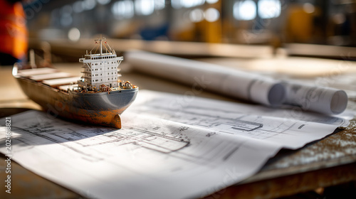 photo of a top-down flat-lay of detailed shipbuilding blueprint drawings spread on a clean steel surface with a precise scale model of a cargo ship placed on top. Sharp blueprint l