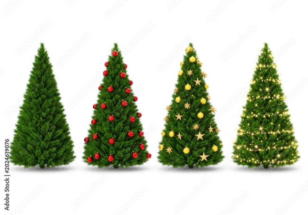 Obraz premium Set of Four Beautifully Decorated Christmas Trees Isolated on White Background - Plain, Red Baubles, Gold Stars, and Lights