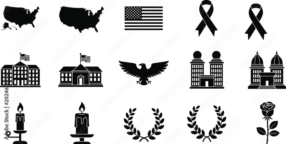 Fototapeta premium American Memorial and Patriot Day Silhouette Icon Set Featuring United States Map Flag Government Buildings Eagle Laurel Wreath Candle and Remembrance Ribbons