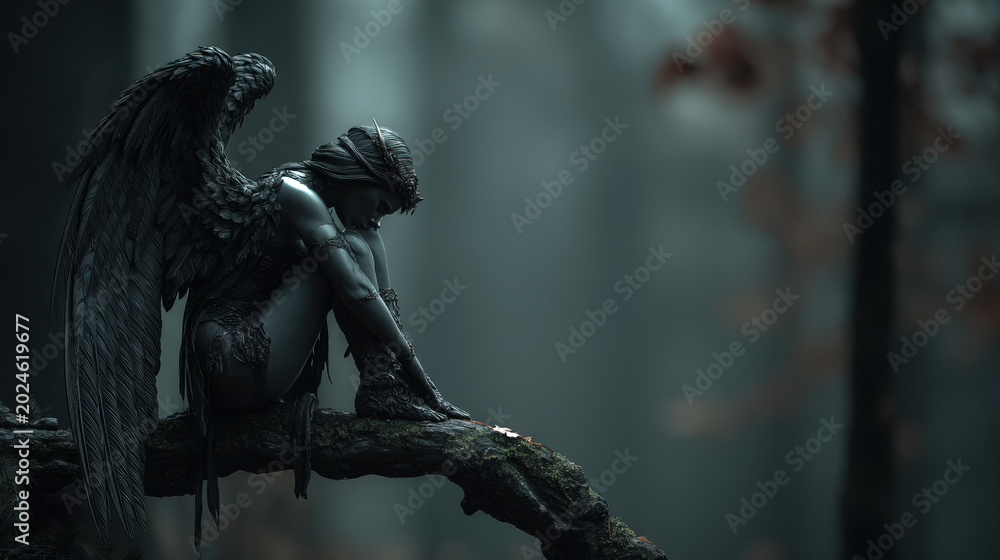 Fototapeta premium Dark stone angel sculpture sitting on tree branch in foggy forest atmospheric moody cinematic background