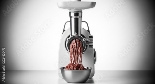 Closeup of a Meat Grinder Processing Fresh Ground Meat into a Bowl.