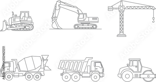 Heavy construction vehicles line drawings