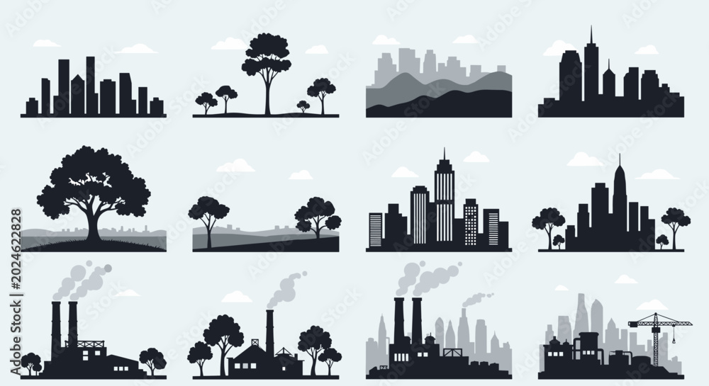 Obraz premium A collection of urban and nature silhouettes featuring buildings, trees, and factories in a modern flat style