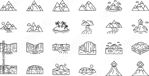 Geological formations and natural landmarks vector line icons. outline elements of mountains, rivers, and islands for web and print.
