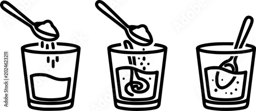 Three step icon showing how to dissolve powder in water with a spoon, isolated on white background
