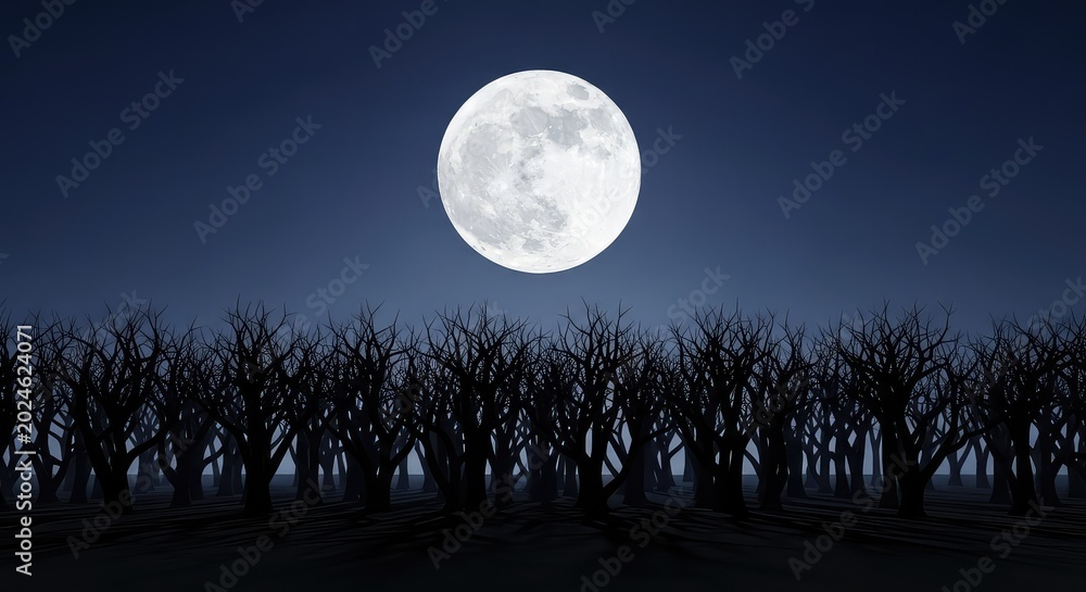 Fototapeta premium A bright glowing moon hangs high above sharp black silhouettes of twisted trees, casting a cold white light across the spooky dark woods, atmosphere, midnight, darkness