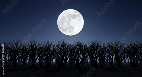 A bright glowing moon hangs high above sharp black silhouettes of twisted trees, casting a cold white light across the spooky dark woods, atmosphere, midnight, darkness