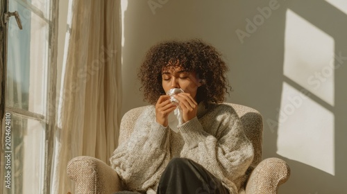 Woman with cold blowing nose indoors
