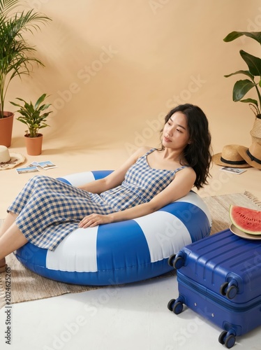 Young woman sitting on a blue bean bag chair