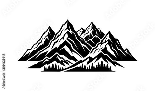 Modern mountain silhouette logo set with rugged rocky peaks in minimalist vector style