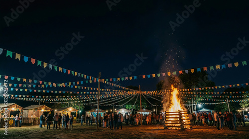 Large bonfire burns brightly at night during Brazilian Festa Junina celebration with colorful flags and crowds gathered around tents