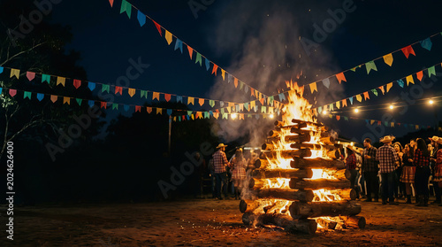 People gather around a large bonfire at a Brazilian Festa Junina celebration under colorful bunting flags at night.